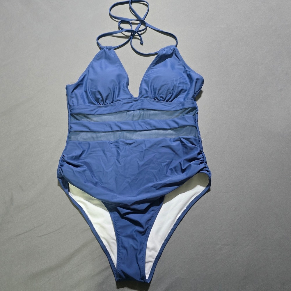 new CiCiBird One Piece Swimsuit Women XL Blue Mesh Ruched Halter V-Neck Monokini